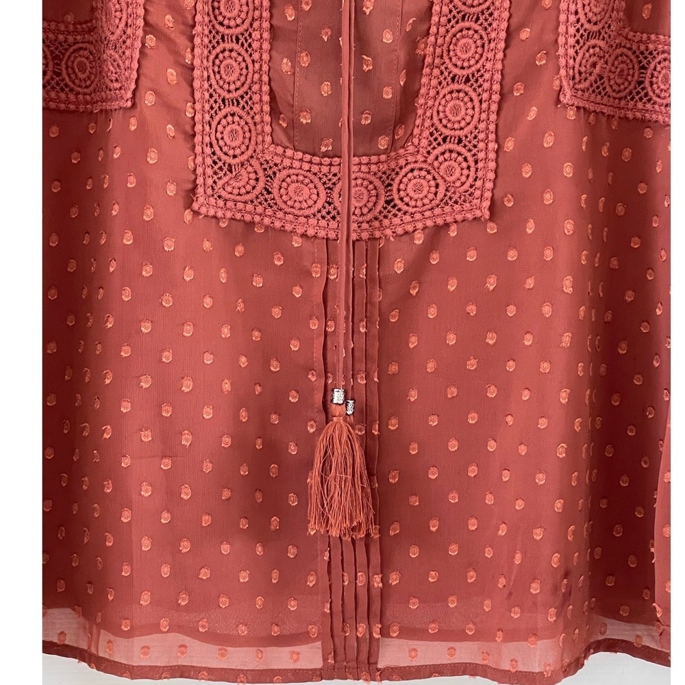 Miss Me Swiss Dot Blouse Women Large Rust Good Boho Crochet Tassel - Picture 6 of 13
